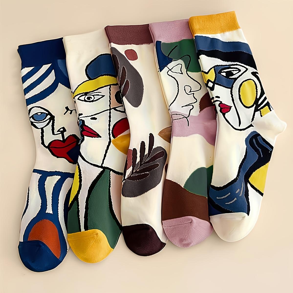 

5 пар популярных носков до середины икры с рисунком масляной живописи для пар One-size