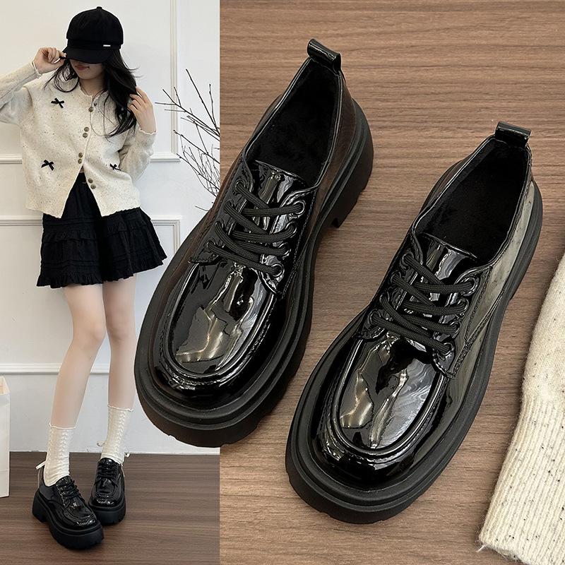 British Style Platform Small Leather Shoes Women's 2025 Spring and Autumn New Black Lace-up Loafers Versatile Casual Single Shoes