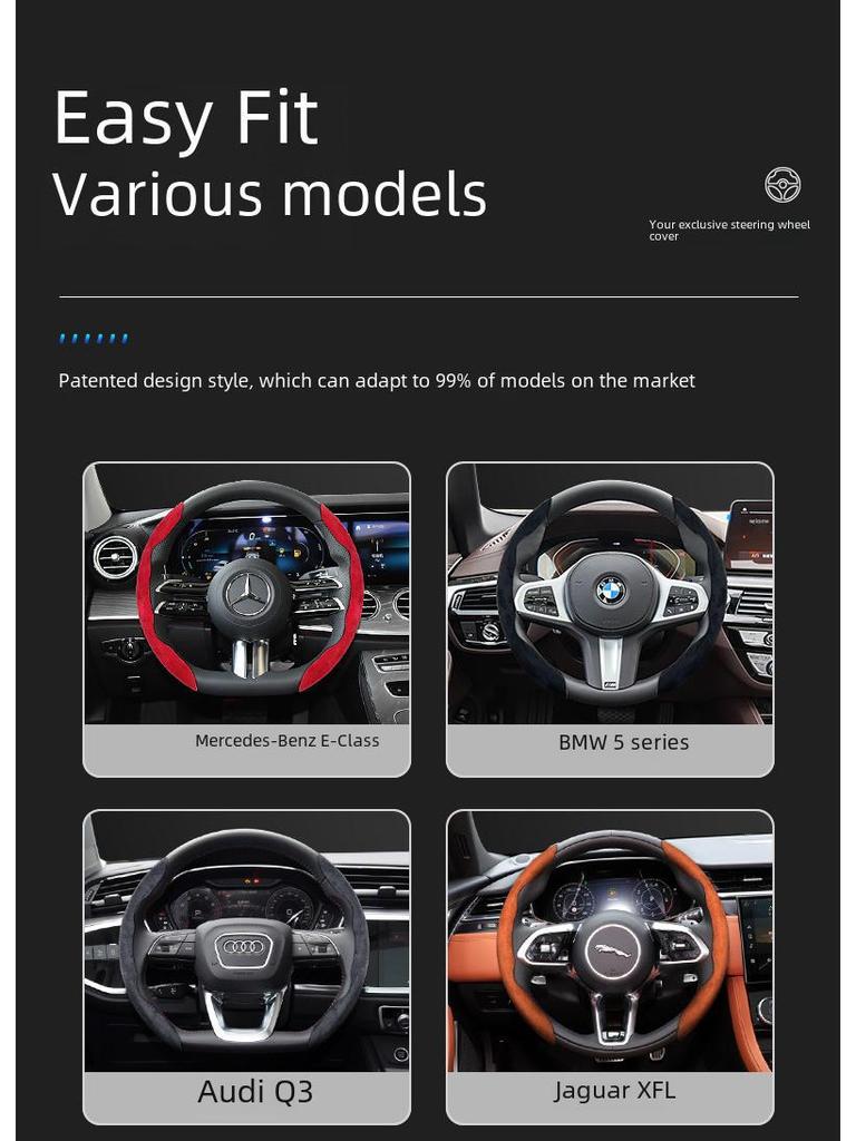 Ultra-Thin Suede Steering Wheel Cover for Men and Women - Absorbent, Non-Slip, All-Season Universal Handle Cover