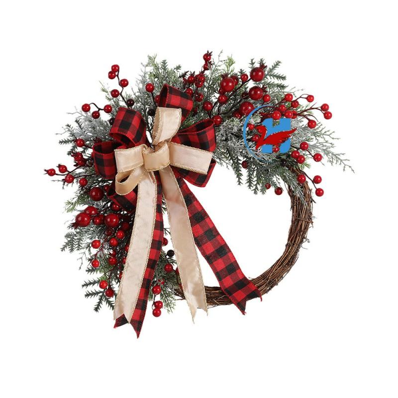 Christmas Wreath With Red Berries Bows Door Hanging Xmas Holiday Decor