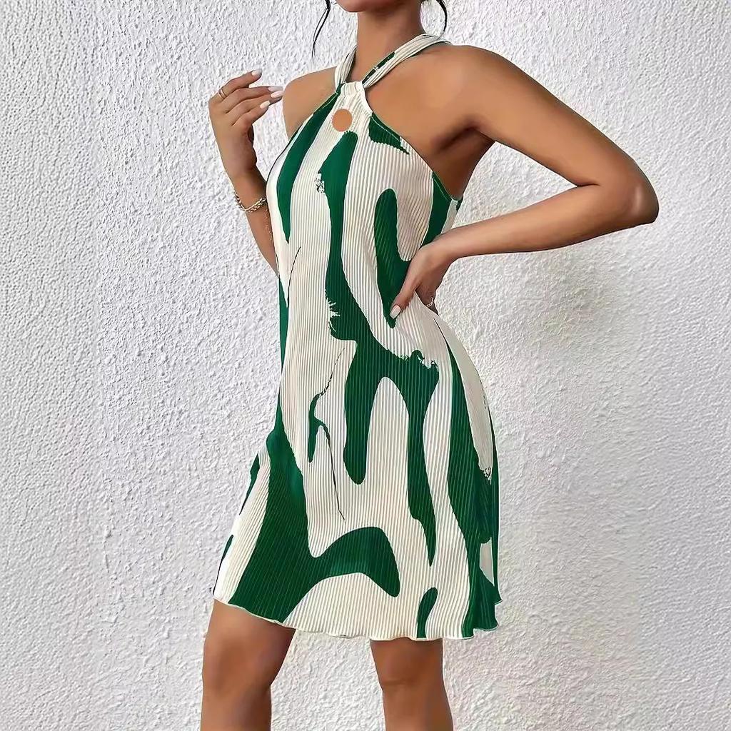 European and American Women's Striped Sleeveless Halter Dress - 2024 Collection