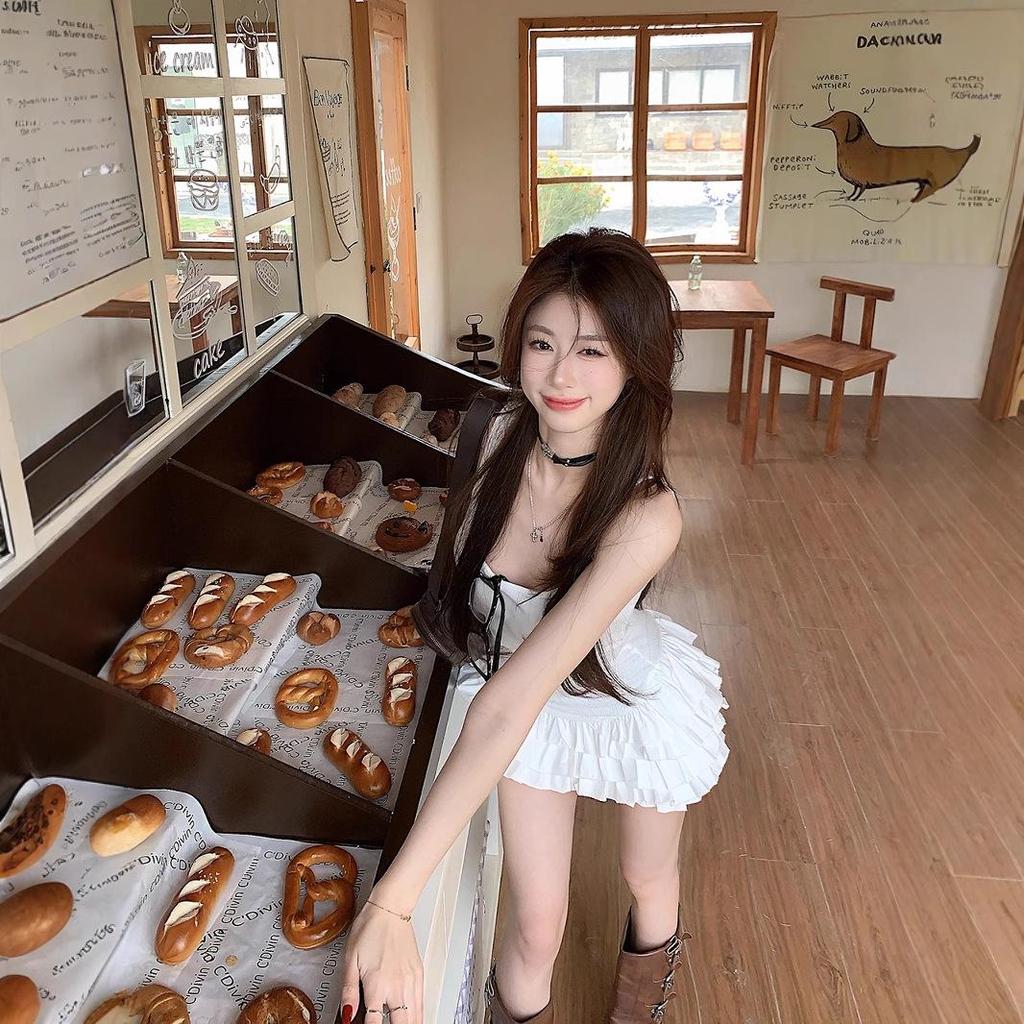 Women's Sweet White Spaghetti Strap Ballet-Style Dress with Unique Ruffle A-Line Skirt