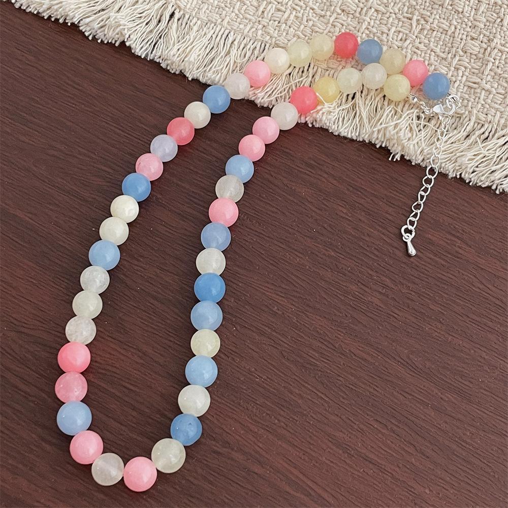 Women 8mm Rainbow Natural Stone Beaded Necklace Silver Plated Copper Chain Choker Strand Jewelry