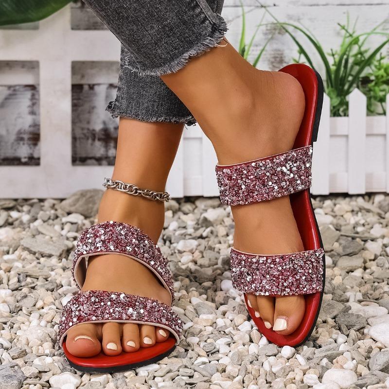 Flat Sequined Round Toe Women's Slippers Summer Casual Beach Slippers Women
