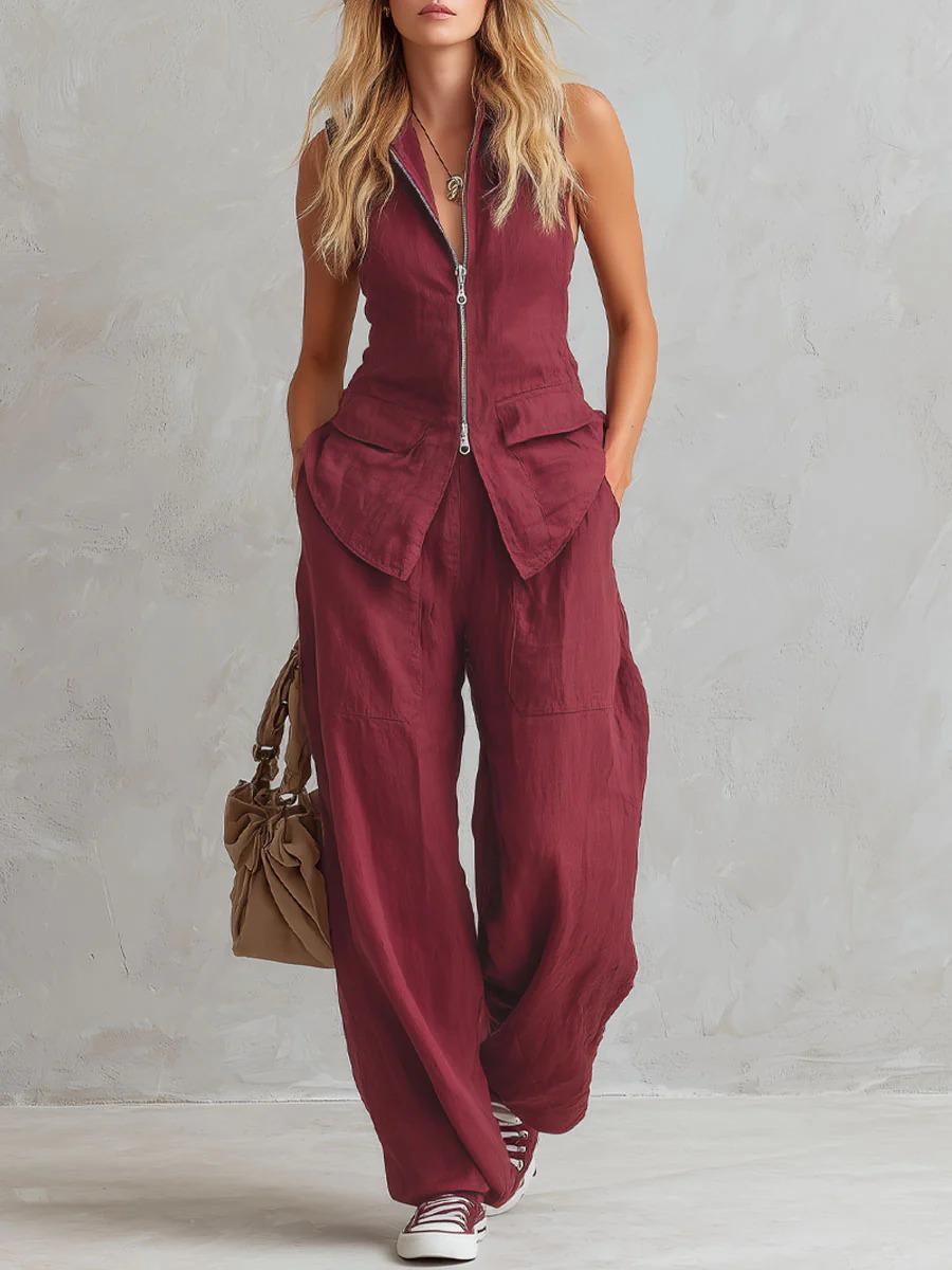 2026 Women s Solid Color Stand Collar Sleeveless Top & Pants Set M