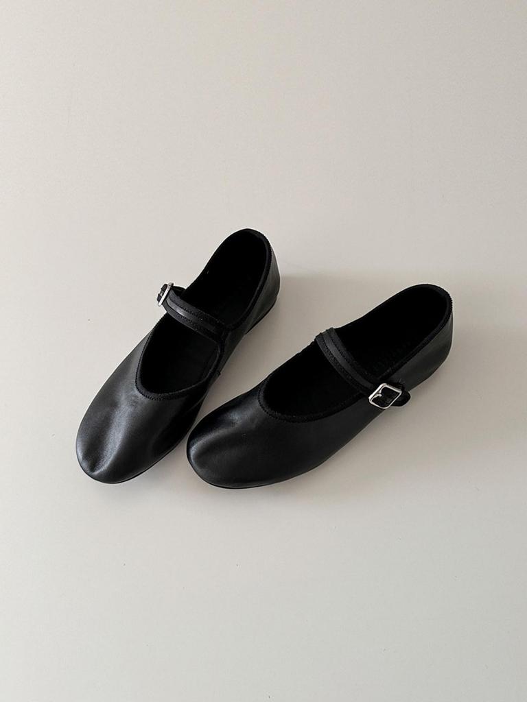 Soft Leather French Minimalist Round Toe Mary Jane Flats for Women with Buckle Strap