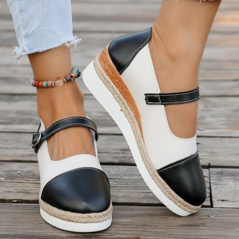 Wedge Single Shoes Fashion Round Toe Shallow Mouth One Strap Straw Sole Lightweight Non-Slip Low Top Shoes