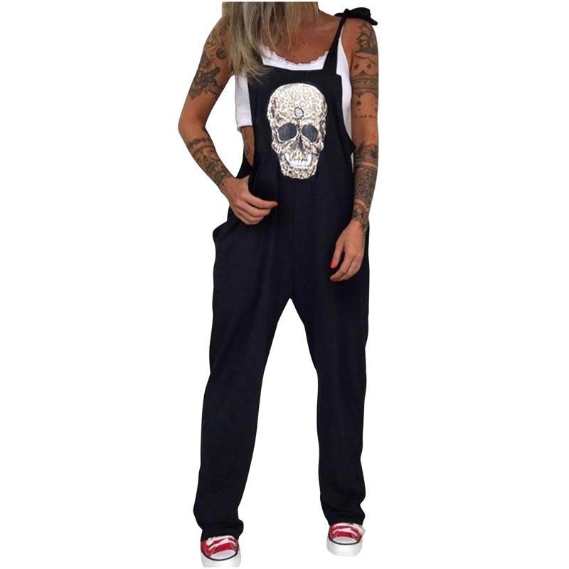 Mono Estampado Calavera Crisantemo Babero Pantalones Pantalones Largos