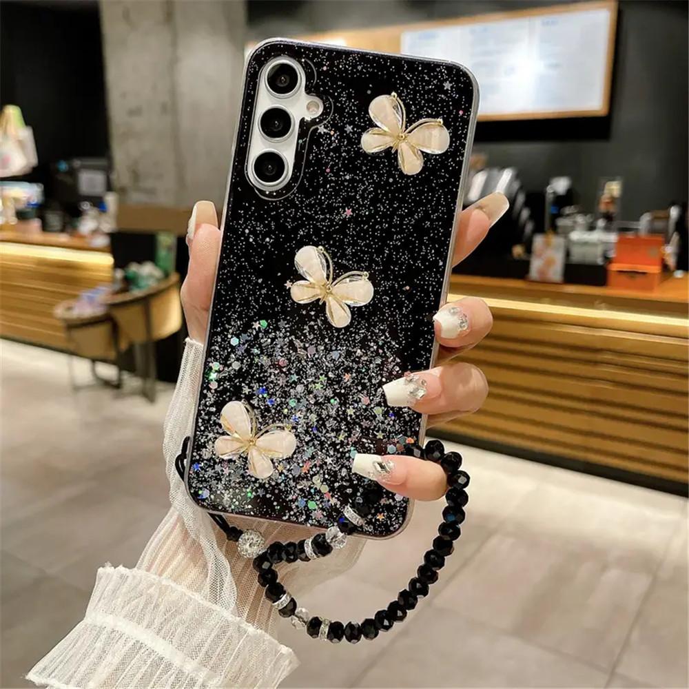 

3D Butterfly Crystal Bracelet Glitter Case For Samsung S24 S23 Ultra S21 S22 Plus S20 FE S10 Note 20 10 Plus Soft Silicone Cover For Samsung S24FE