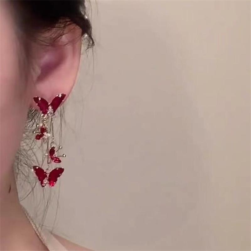 Elegant Red Zircon Butterfly Drop Earrings for Women Temperament Bow Earrings Fashion Girl Jewelry Accessories