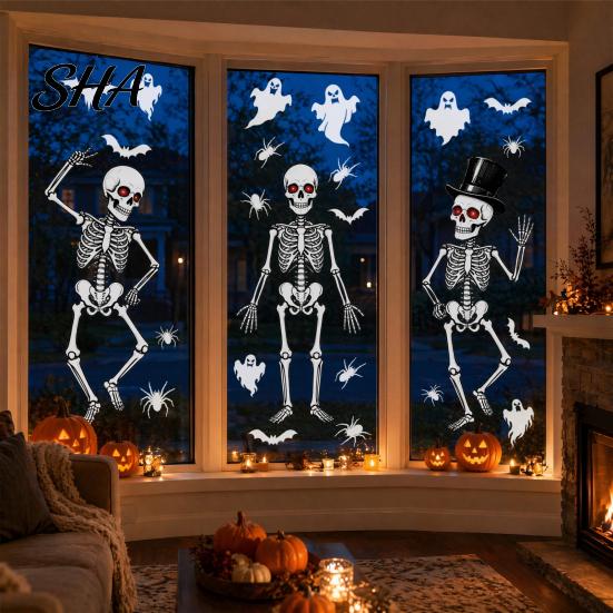 Easy Peel Glass Decal 3Pcs Halloween Skeleton Stickers, Waterproof PVC Window Clings, Static Decals, Wear-resistant Cling Removable Stickers for Home