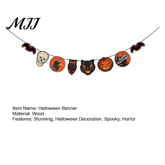 Durable Halloween Decoration Vintage Garland Decorations Spooky Wooden Pumpkin Skull Owl Witch Eco-friendly Banner Bat Hanging Bunting for Party Home