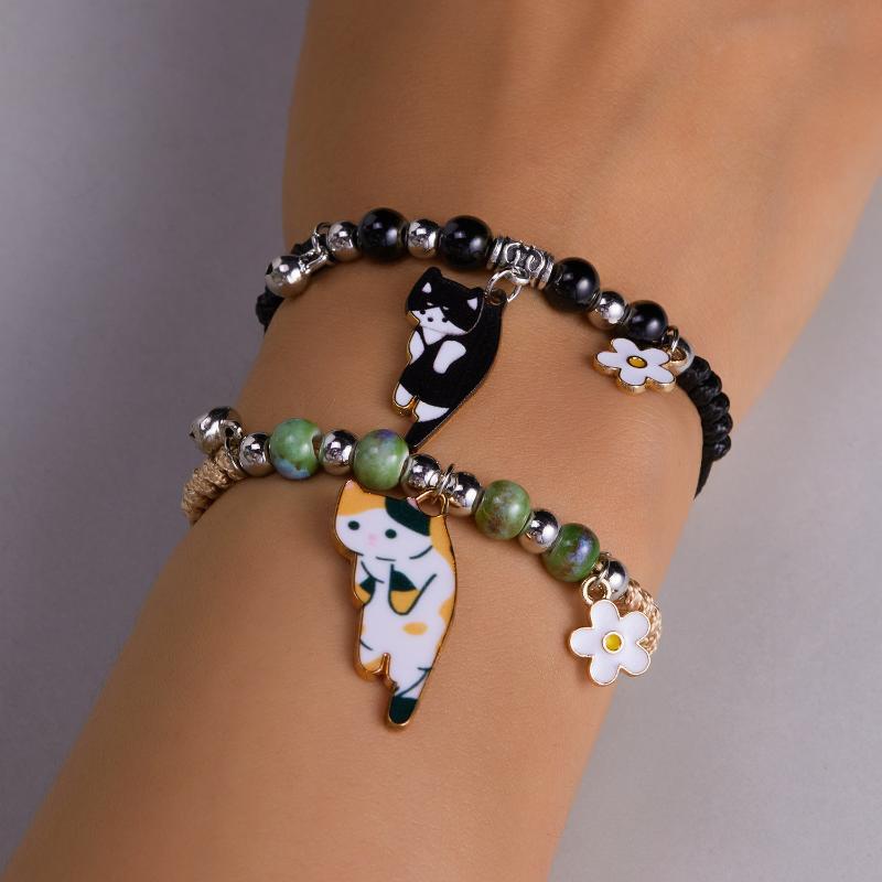 Creative Colorful String Cat Bracelet Woven Glass Handmade Bead Bracelet Hand Rope Jewelry Accessories Cartoon Hand Ring Women