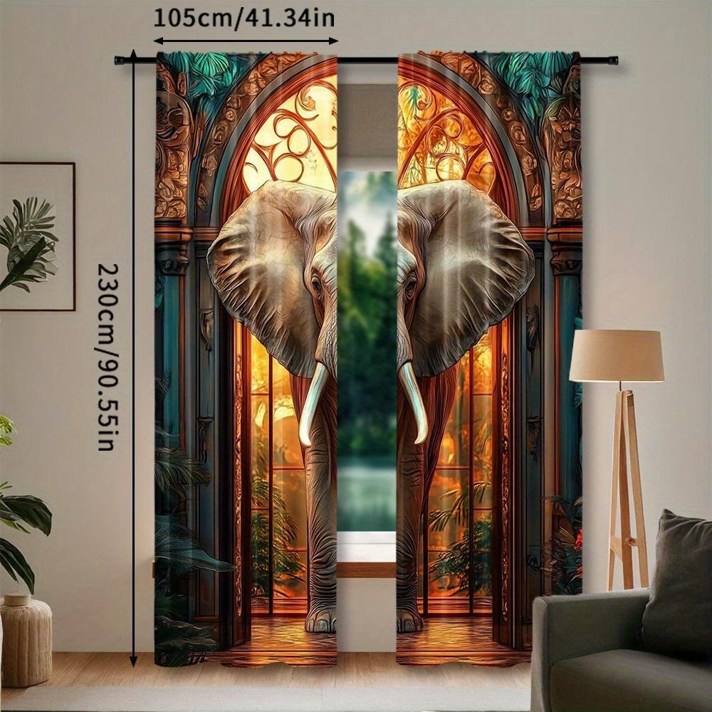 2pcs, 3d Elephant Curtain for Home Decor, Bohemian Rod Pocket Window, for Bedroom, Office, Kitchen, Living Room, And Study