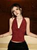 European & American Sexy Bright Halter Top: V-Neck, Slim Fit, Draping Neck, Waist-Cinched, Solid Color.