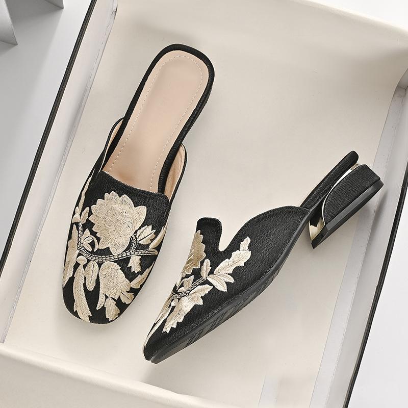 Fashion Desinger Embroider Silk Slippers Women Square Toe Med-high Heels Slides Shoes Woman Outdoor Floral Footwear Metal Heel Pantuflas