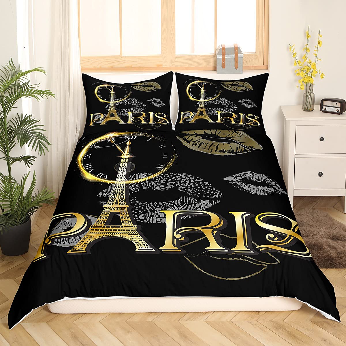 

Eiffel Tower Duvet Cover Set King Size Paris Tower Bedding Set for Boy Girl Polyester Paris Cityscape Wooden Texture Quilt Cover Tool EU single(135x200cm)