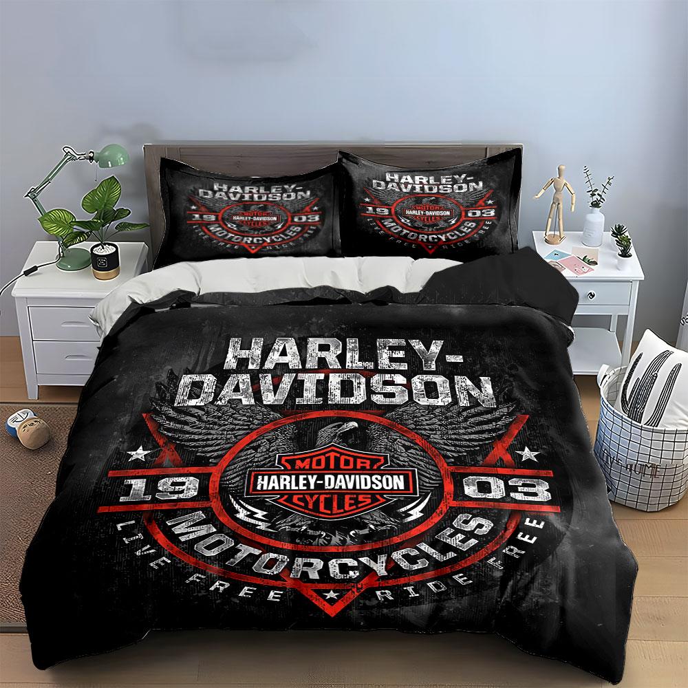 Harley-Davidson Logo Graphic Bedding Duvet Cover Set Duvet Cover Pillowcases  (1*Duvet Cover 2*Pillowcases, Without Duvet Insert)