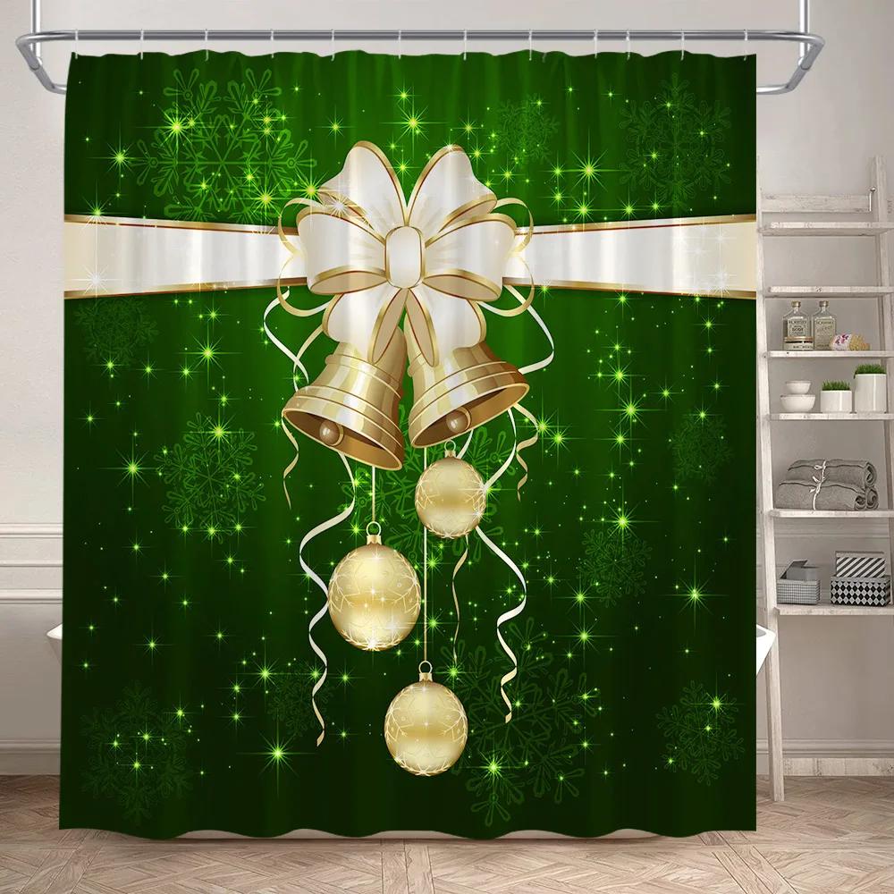 Red Christmas Shower Curtain Set Green Pine Branches Rope Ball Winter New Year Xmas Bathroom Decor Rug Bath Mat Toilet Lid Cover