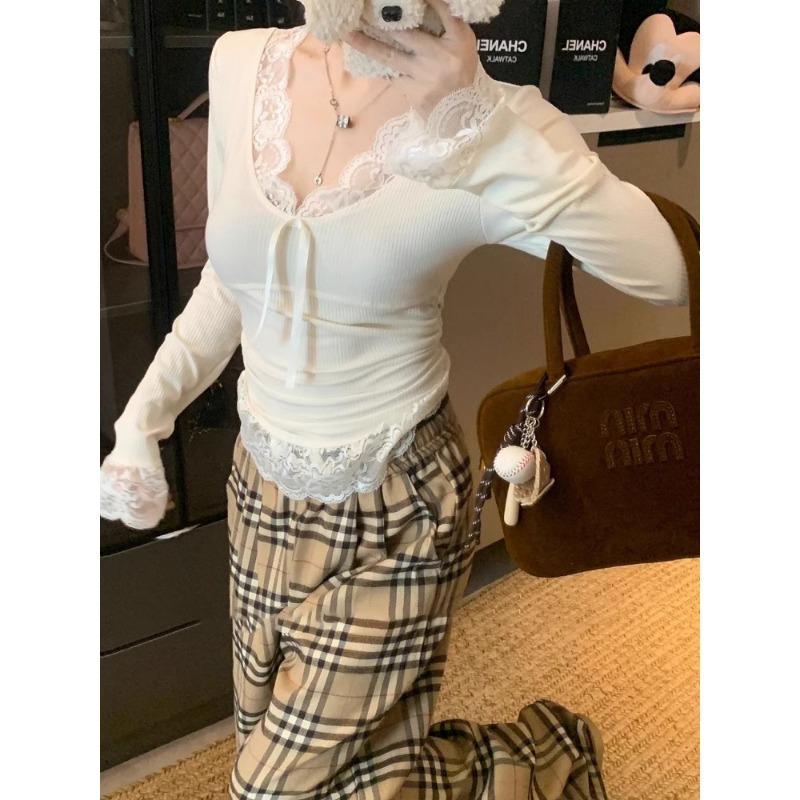Spring Autumn V-neck Lace Patchwork Slim Sexy T-shirt Women Long Sleeve Bottomed Top Female Pullover Tee