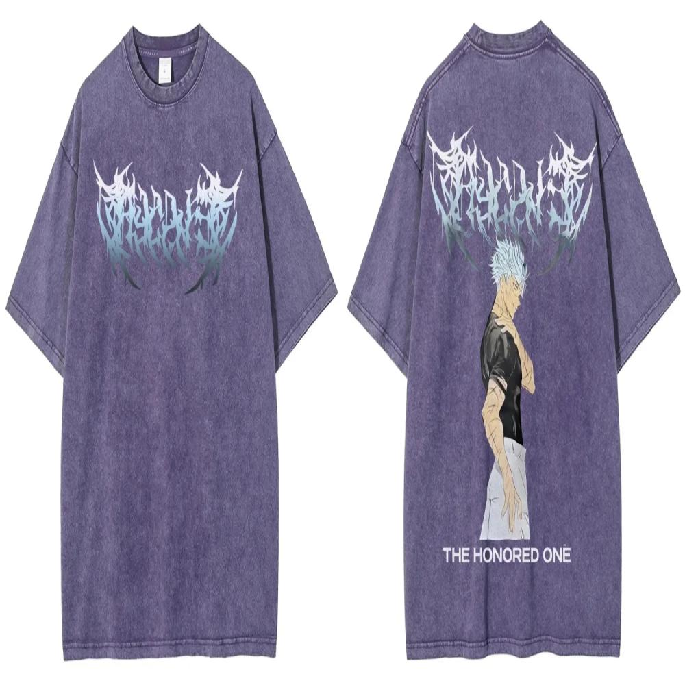 Anime Jujutsu Kaisen Gojo Satoru Graphic T Shirt Men Vintage Washed T-shirts Oversized Cotton Tee Harajuku Male Manga Tshirt