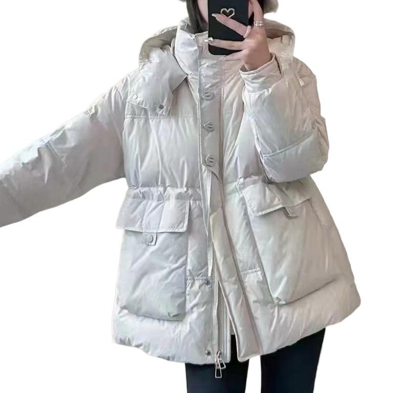2024 new down jacket women's medium and long hooded thickened white duck down winter fashion loose coat