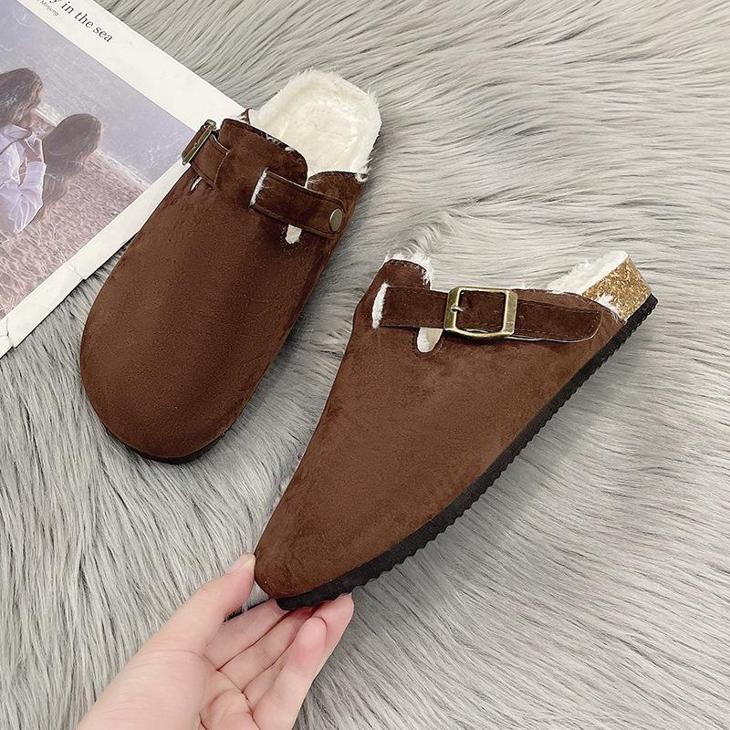 New Bag Head Velvet Platform Slippers Female Couple Cork Mop Large Size Half Mop Lazy Cotton Mop