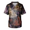 Herren Halloween Print V-Ausschnitt Kasack mit Tasche Kurzarm Uniformhemd