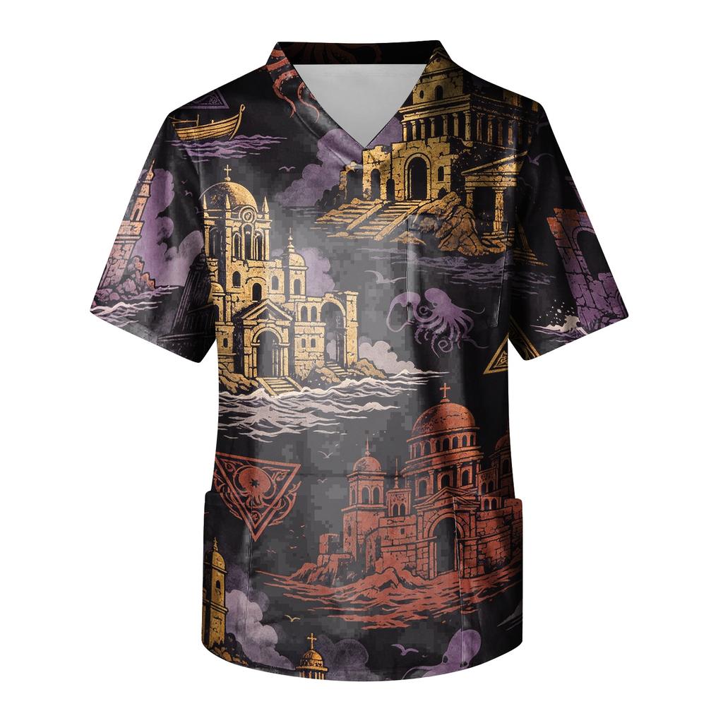 Herren Halloween Print V-Ausschnitt Kasack mit Tasche Kurzarm Uniformhemd