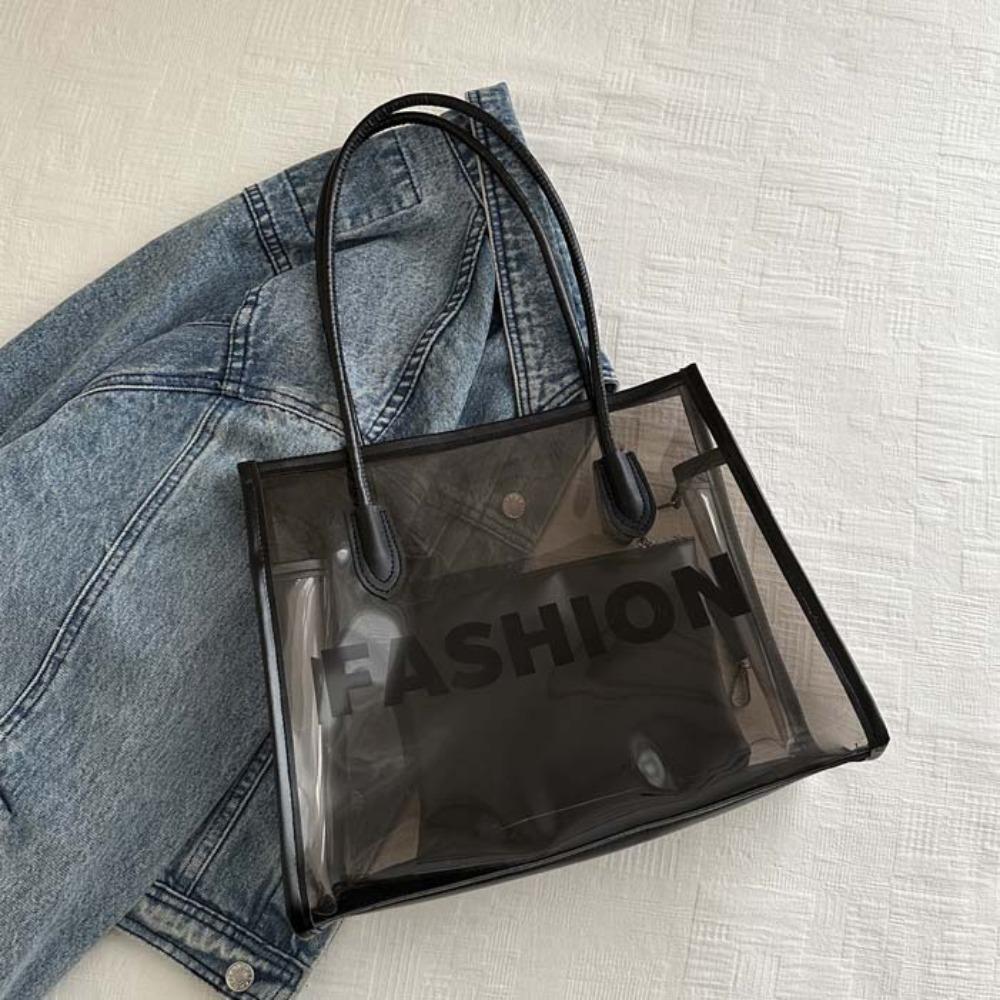 2pcs/set Fashion Transparent Jelly Bag PU Leather PVC Composite Tote Bags Clear PVC Handbag Party