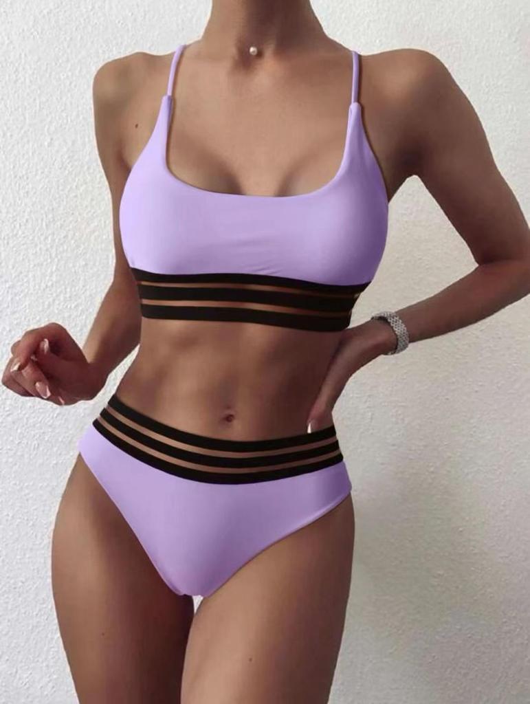 New High-Waist European & American Solid Color Lace Bikini Swimsuit