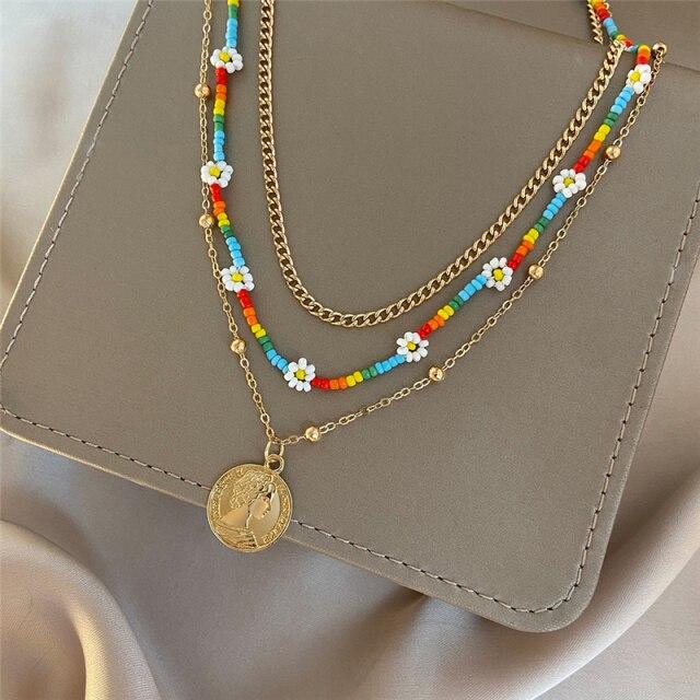 17KM Punk Gold Multilayered Necklace for Women Vintage Silver Color Geometric Round Pendant Necklaces Butterfly Choker Jewelry
