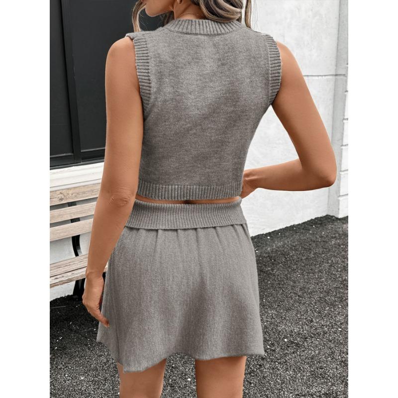 Casual V-neck Short Navel-open Suit Summer Short Skirt Knitted Sleeveless Top Two-piece Set