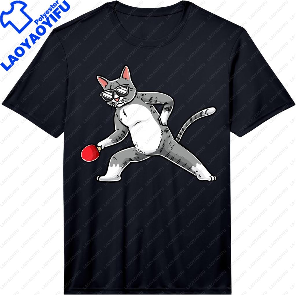 Table Tennis Black Cat Pingpong Black Outfit Cat Ping Pong Tshirt Streetwear Clothing Kawayi Y2k Unisexs Clothing Camiseta Hombre