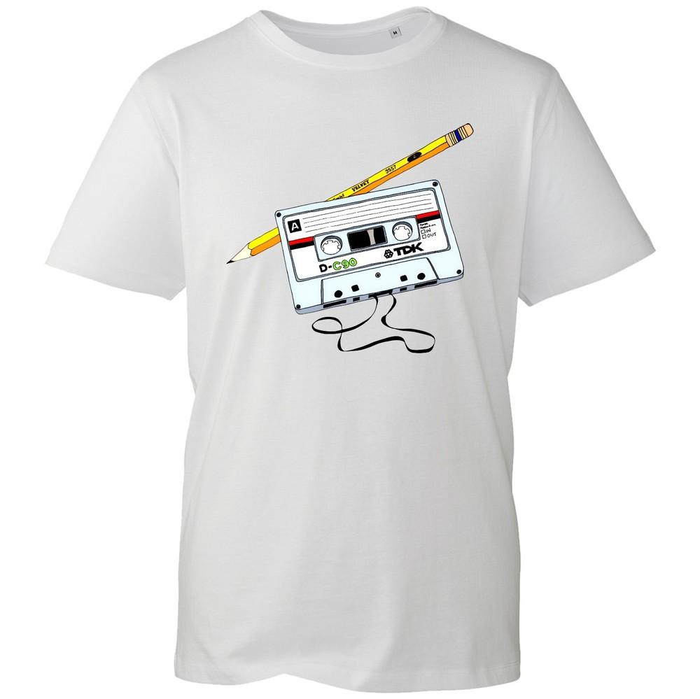 Retro Cassette Tape Pencil TShirt Funny 90s Music Nostalgia Unisex White Tee S