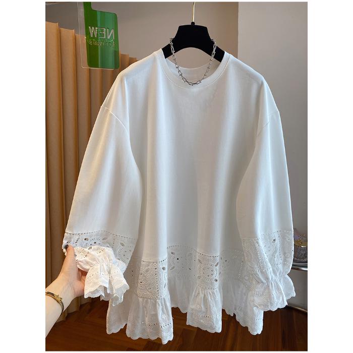 White Hollow Lace Crochet Long Sleeve Women s T-shirt - Slimming Spring Layer Shirt 4XL белый