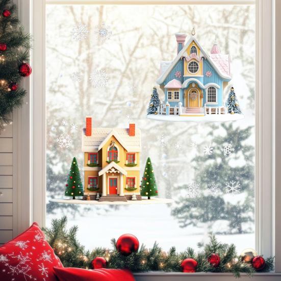 Christmas Double House Window Cling Removable Waterproof PVC Merry Christmas Winter Cabin Static Glass Sticker Holiday Party Decoration Decal