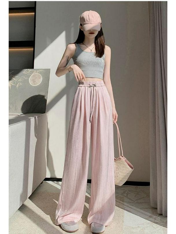 Pantaloni cu picior larg din mătase de gheață satinată cu imprimeu cerneală, stil subțire pentru vara 2025, design cool Yamamoto cu drapaj plisat.