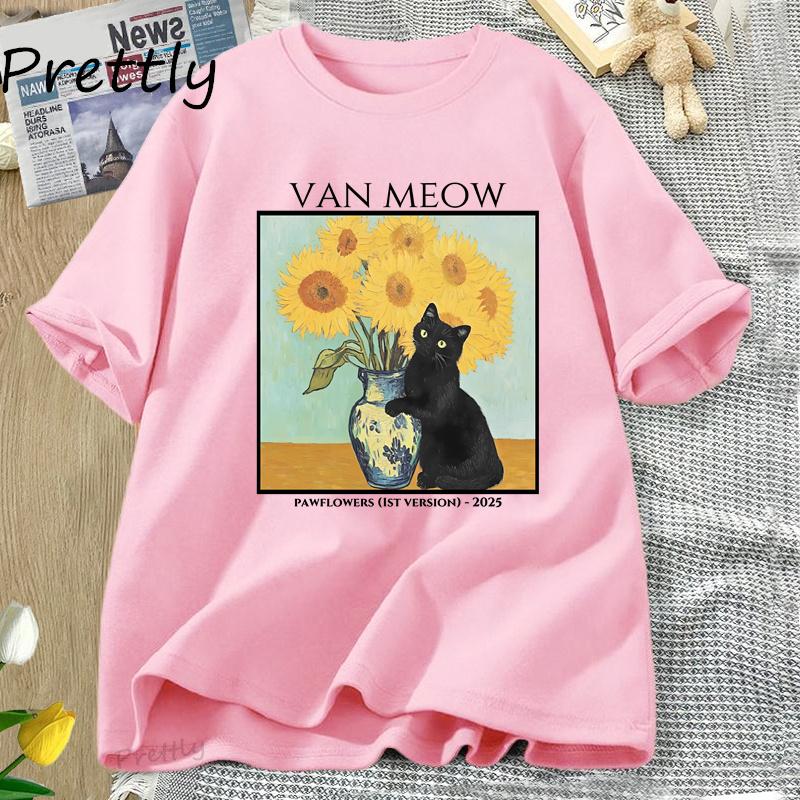 Van Gogh Van Meow Cat Tshirt Funny Unisex Women Cats Lovers T Shirt Street Clothing Graphic Tees Womens Shortsleeved Tshirt