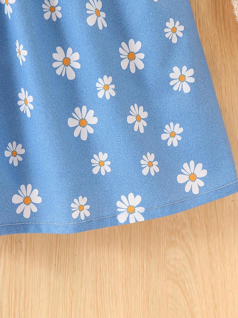Little Girl Summer Outfit 1-8Y Baby Blue Daisy Print Dress Cottagecore Style Square Neck Smocked Waist Kids Clothes Summer Daily Wear