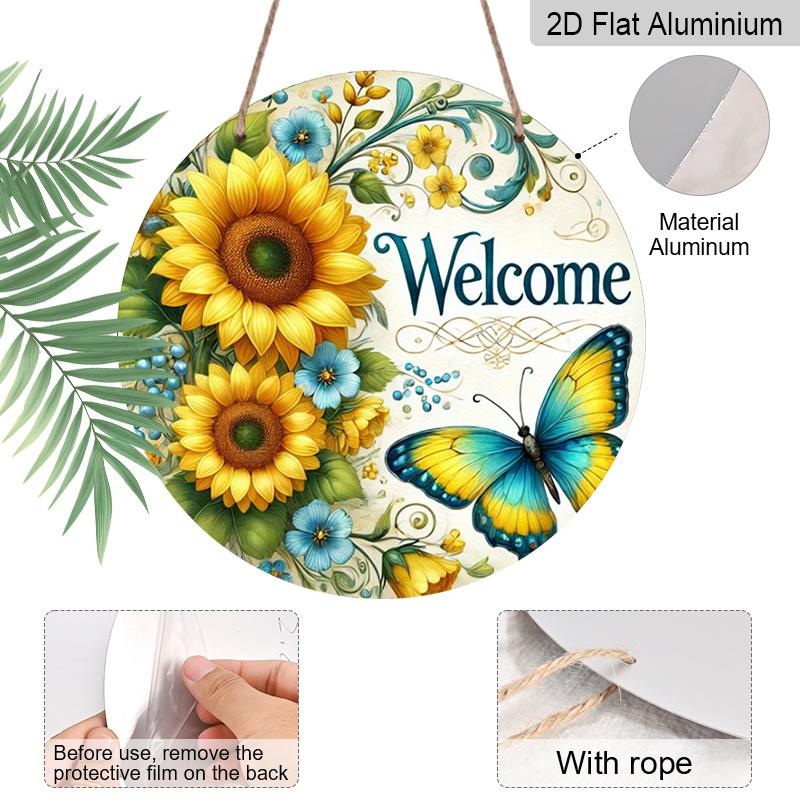 2D Flat 1pc, 8x8 in Vintage Sunflower & Butterfly Round Aluminum Metal Sign – Rustic Welcome Design for Home, Garden, Cafe, and Farmhouse Decor