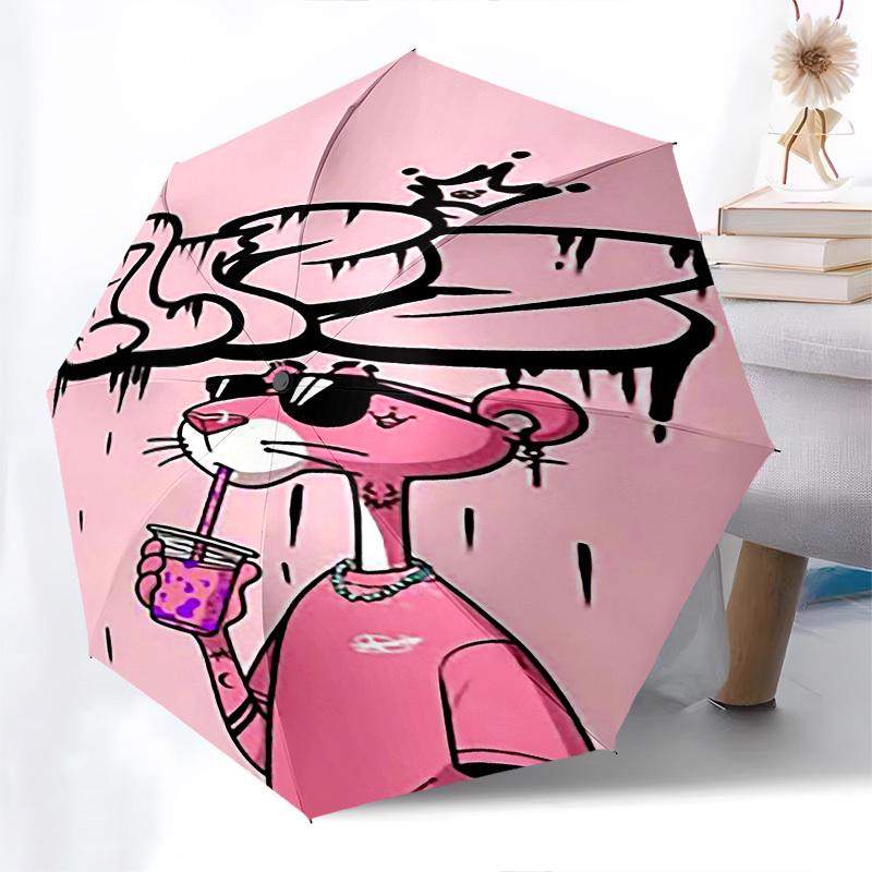1pc pink panther iced coffee Automatic Open Close Umbrella with 8-Rib Windproof Canopy Compact Portable Travel Umbrella10317