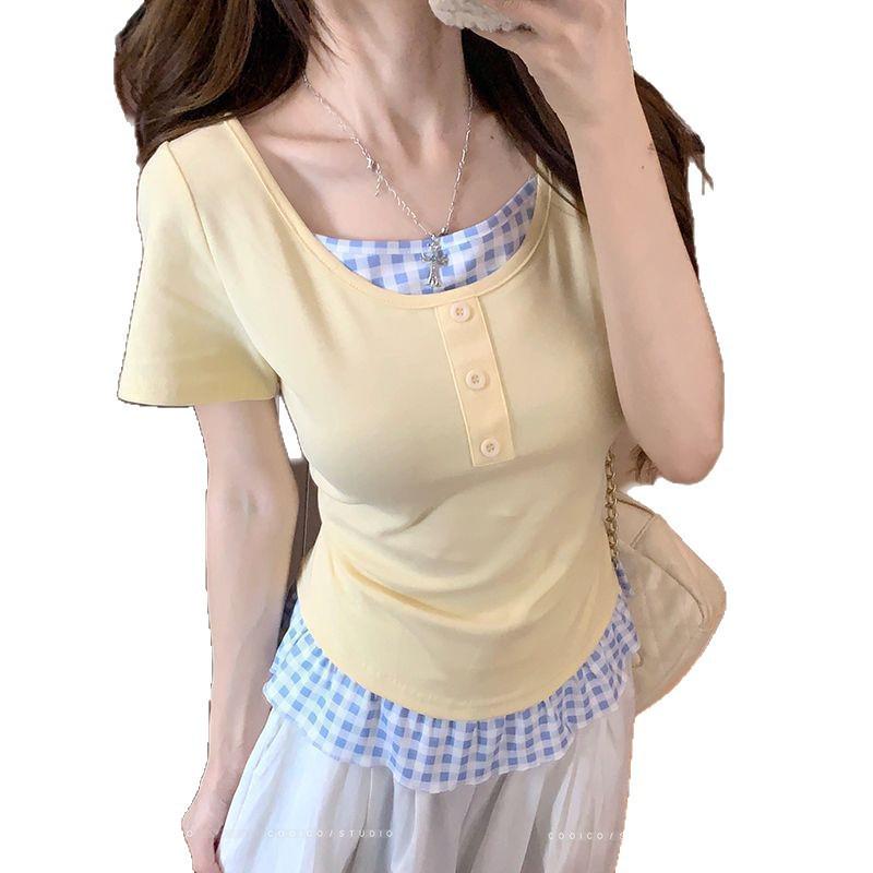 Women's Plus Size Summer Patchwork Faux Two-Piece Short Sleeve T-Shirt - Slimming Loose Fit
