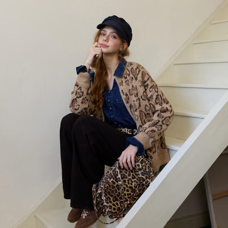 Sancai Women's Leopard Print Knit Cardigan