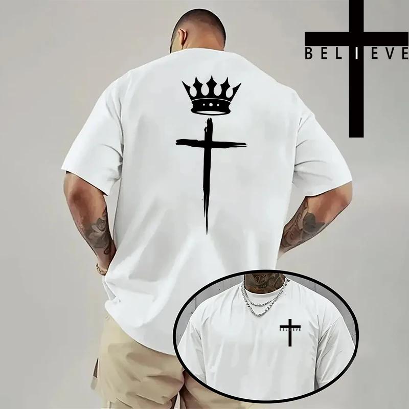 Christ Print Tshirt Men High Quality Pure Color Short Sleeve Top Spring Summer Daily Casual Fashion Jesus Cross Cotton Tees