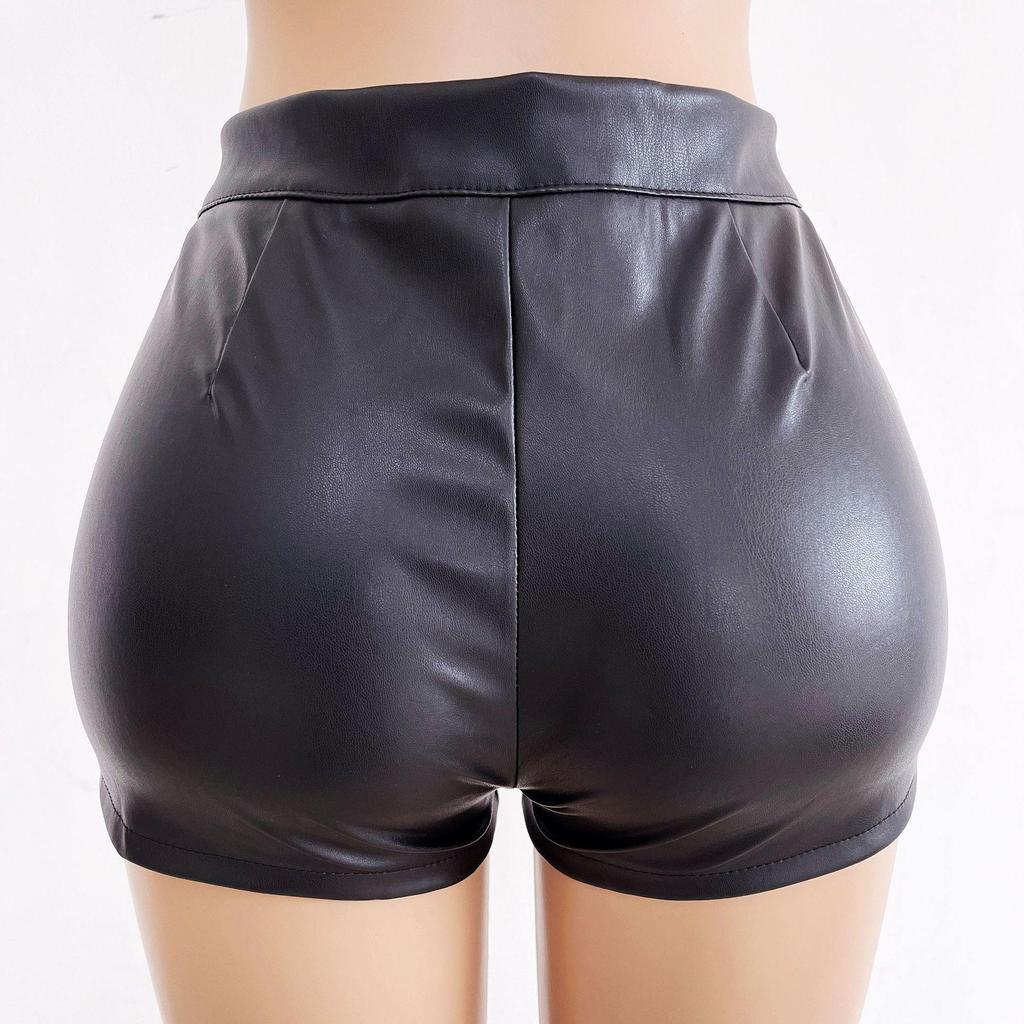 Plus Size Black High Waist Leather Shorts for Women - Sexy, Hip-Hugging, Elastic PU Leggings for Autumn/Winter.