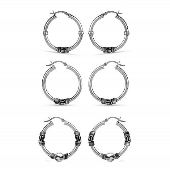 LeCalla S925 Sterling Silver Jewelry Set of 3 Pair Antique Click-Top Bali Hoop Earring for Women 30MM