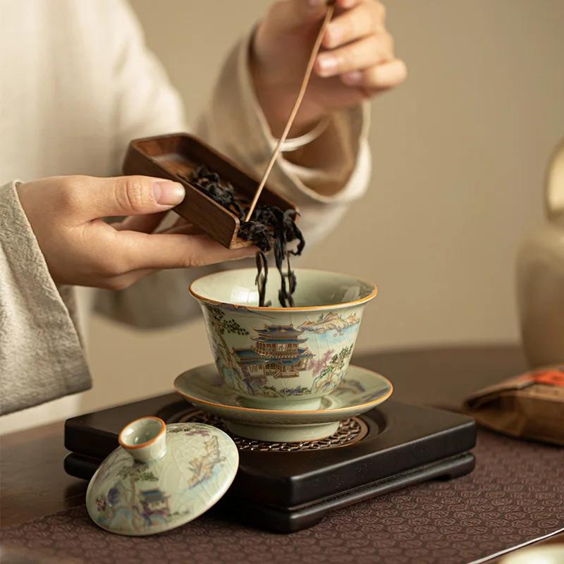 Ceramic Sancai Gaiwan Chinese Tea Tureen Pottery Handmade Color Enamel Kungfu Teacups Master Cup Classical Teaware Set