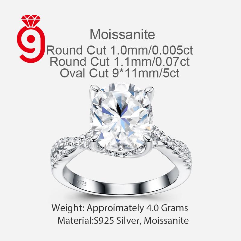 Magnificent Oval Four Prong Solitaire S925 Silver VVS Twisted Split Pave Side Stones GRA Certified Polished Chic Moissanite Ring