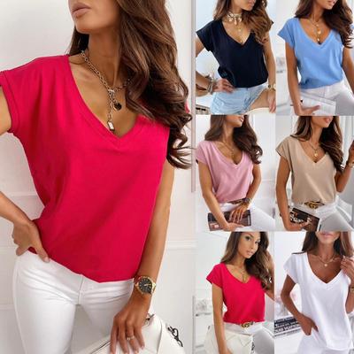 2022 Women's Short Sleeve V-Neck Solid Color T-Shirt for Spring & Summer